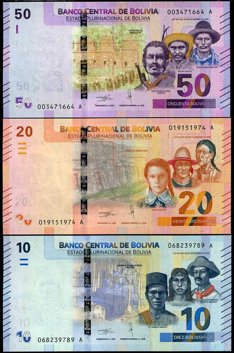 BOLIVIA SET 3 UNC 10 20 50 BOLIVIANOS 2018 P 248 249 250 UNC