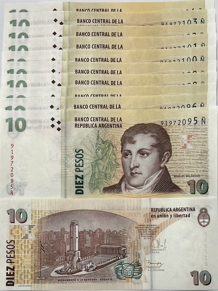 Argentina 10 Pesos ND 2012 P 354 SERIES N UNC LOT 10 PCS