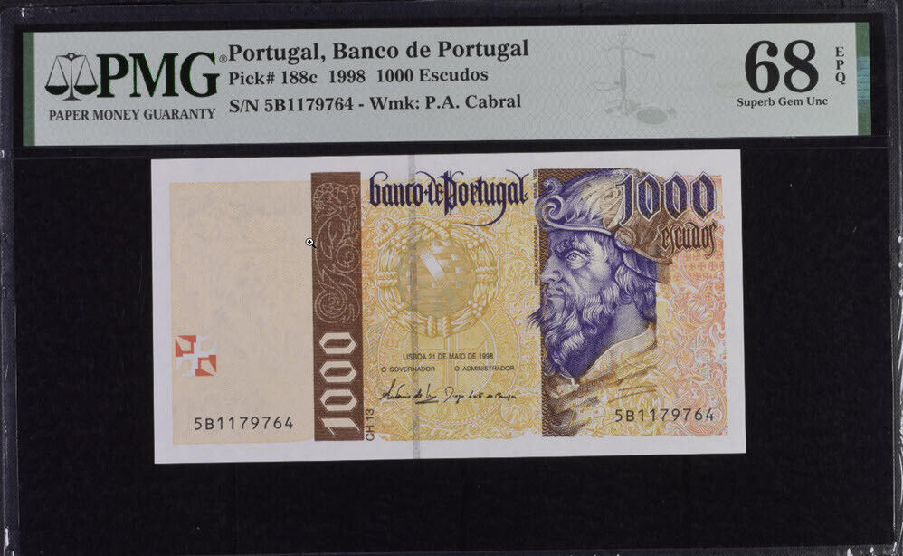 Portugal 1000 Escudos 1998 P 188 c Superb Gem UNC PMG 68 EPQ