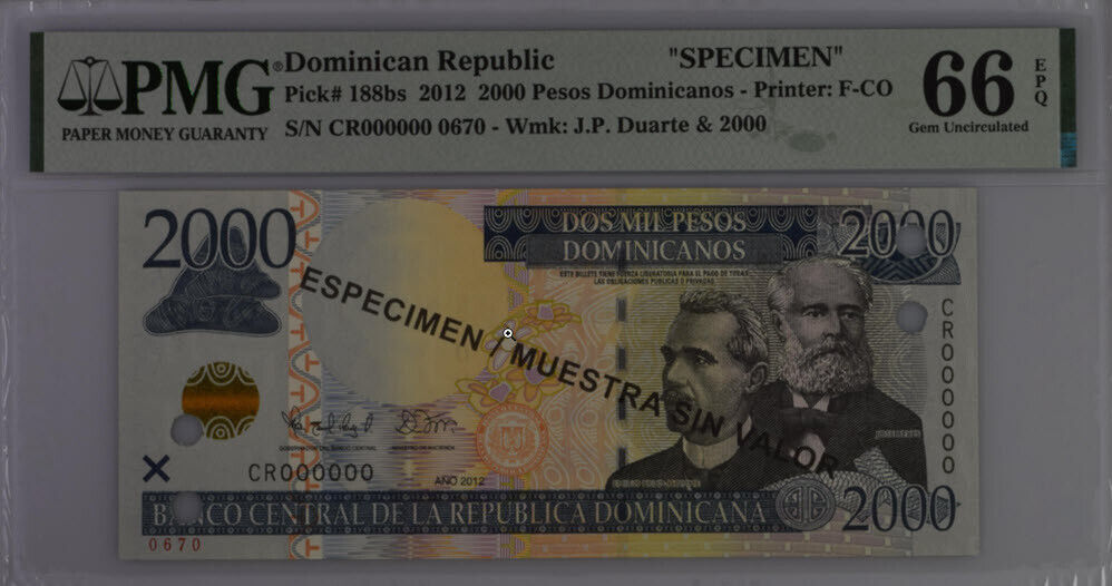 Dominican Republic 2000 Pesos 2012 P 188bs Specimen GEM UNC PMG 66 EPQ