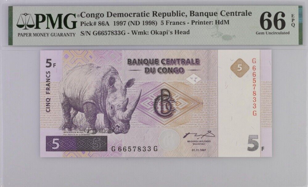 Congo 5 Francs 1997 P 86A Gem UNC PMG 66 EPQ