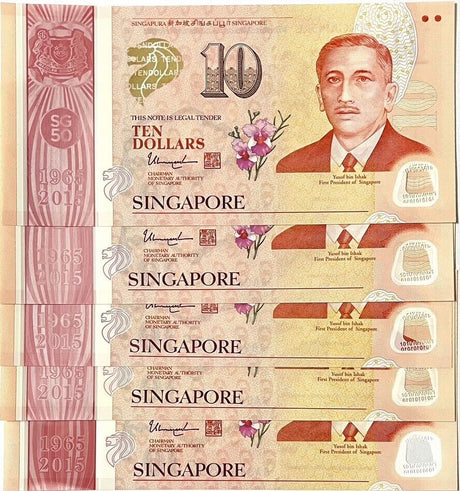 Singapore SET 5 PCS; 10 Dollar 2015 Commemorative P 56 57 58 56 60 UNC