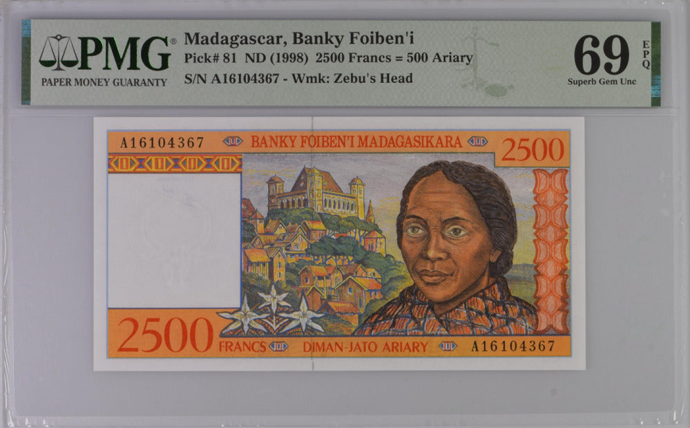 Madagascar 2500 Francs 500 Ariary ND 1998 P 81 Superb GEM UNC PMG 69 EPQ Top Pop