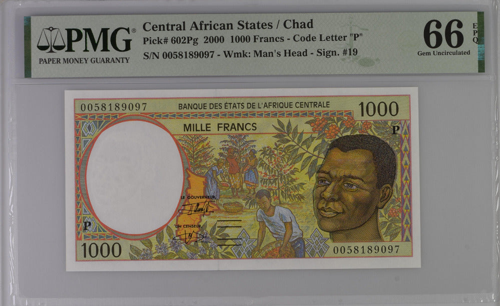 Central African St. Chad 1000 Fr. 2000 P 602 Pg Gem UNC PMG 66 EPQ