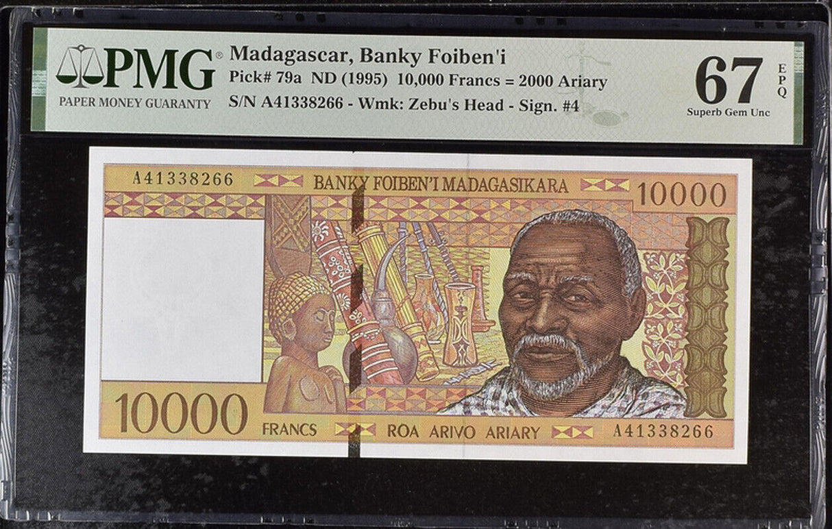 Madagascar 10000 Francs 2000 Ariary ND 1995 P 79 a Superb GEM UNC PMG 67 EPQ