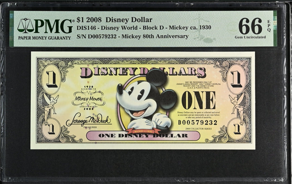 USA Disney 1 Dollar 2008 DIS 146 Mickey 80th Anniversary Gem UNC PMG 66 EPQ