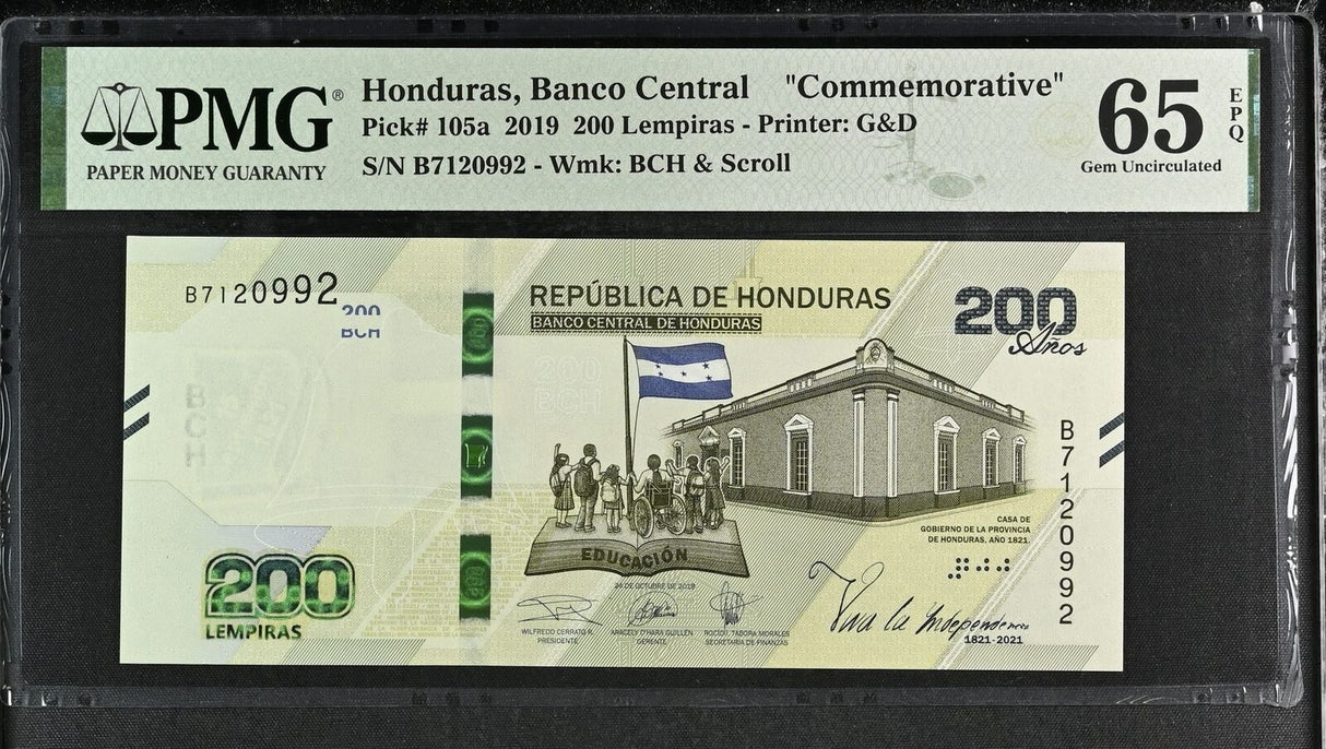 Honduras 200 Lempiras 2019 P 105 a Comm. Gem UNC PMG 65 EPQ