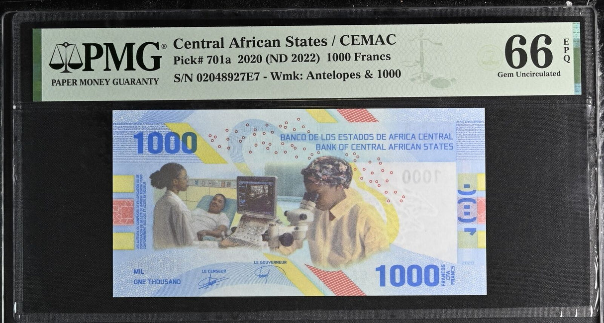 Central African States 1000 Francs 2020 ND 2022 P 701 a Gem UNC PMG 66 EPQ