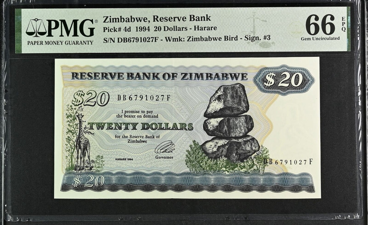 Zimbabwe 20 Dollars 1994 P 4 d Gem UNC PMG 66 EPQ