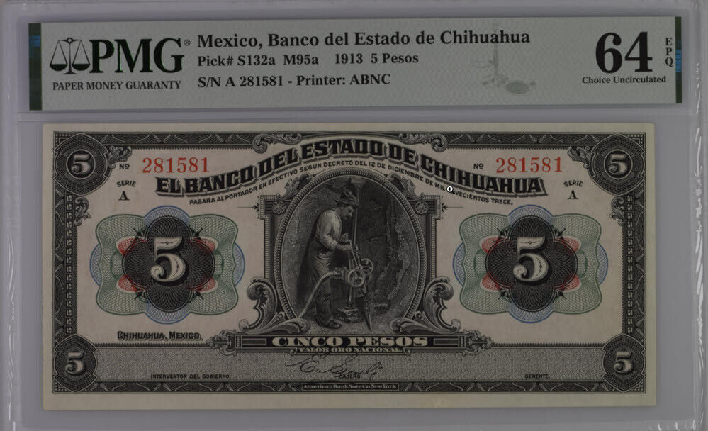 Mexico 5 Pesos 1913 P S132a Choice UNC PMG 64 EPQ