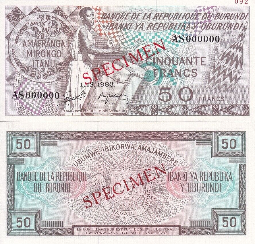 Burundi 50 Francs 1983 P 28 b Specimen UNC