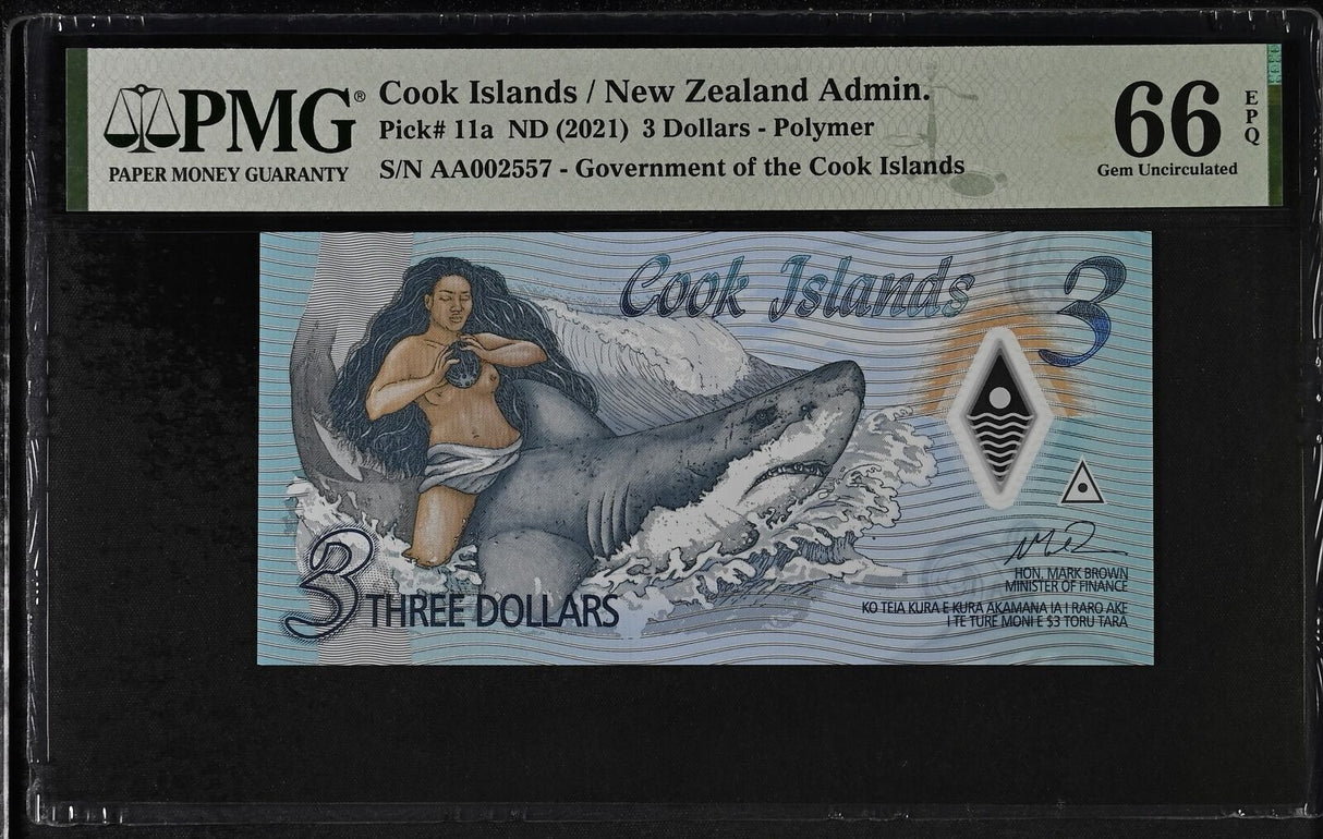 Cook Islands 3 Dollars ND 2021 P 11 a Polymer Gem UNC PMG 66 EPQ