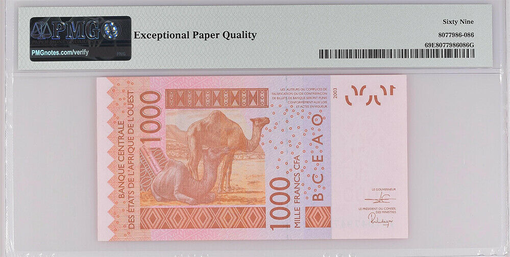 West African States Togo 1000 Francs 2019 P 815 T Superb GEM UNC PMG 69 EPQ TOP