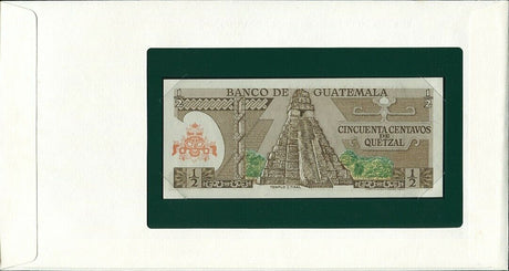 GUATEMALA 1/2 0.5 QUETZA 1982 P 58 BANKNOTES OF ALL NATION FOLDER WITH STAMP UNC