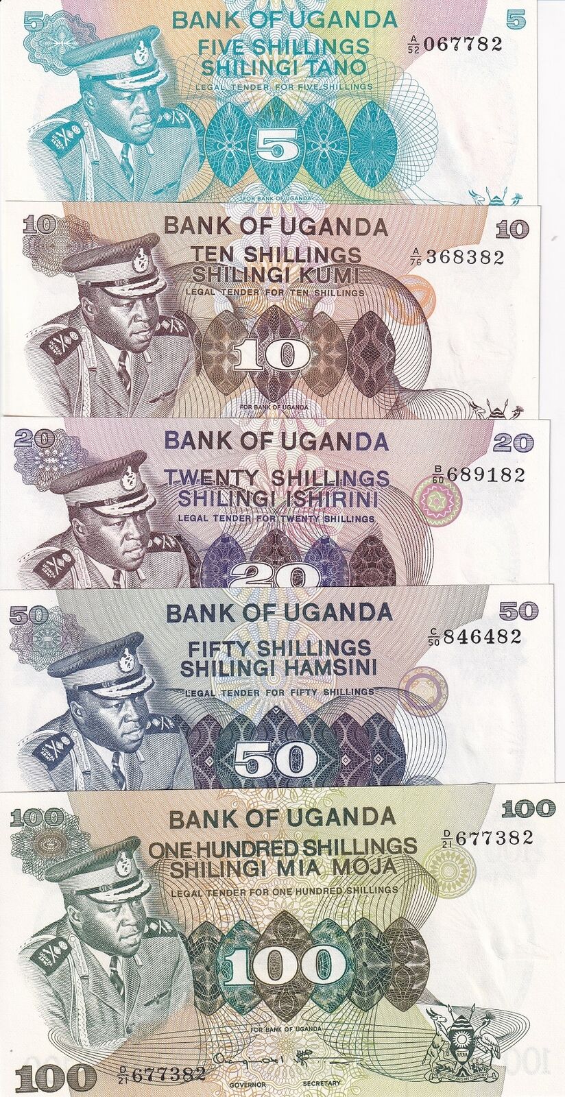 Uganda Set 5 PCS 5 10 20 50 100 Shillings 1973-1977  P 5A P 6 P 7 P 8 P 9 UNC
