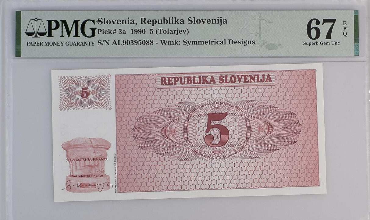 Slovenia 5 Tolarjev 1990 P 3 a Superb GEM UNC PMG 67 EPQ