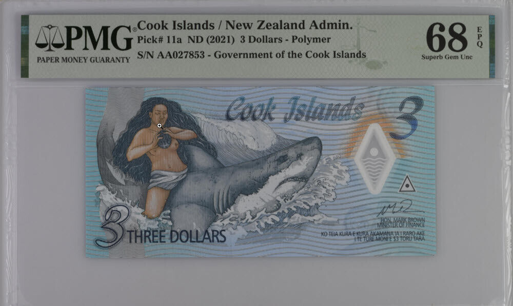 Cook Islands 3 Dollars ND 2021 P 11 a Polymer Superb Gem UNC PMG 68 EPQ