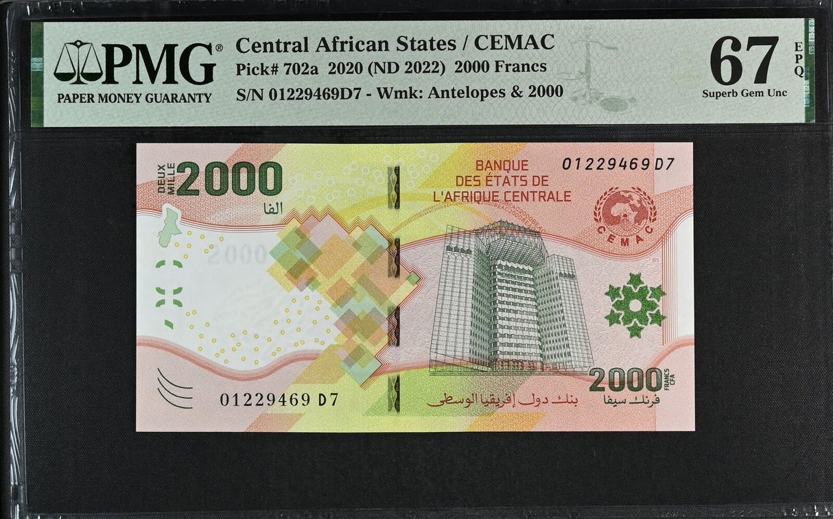 Central African States 2000 Francs 2020 ND 2022 P 702a Superb Gem UNC PMG 67 EPQ