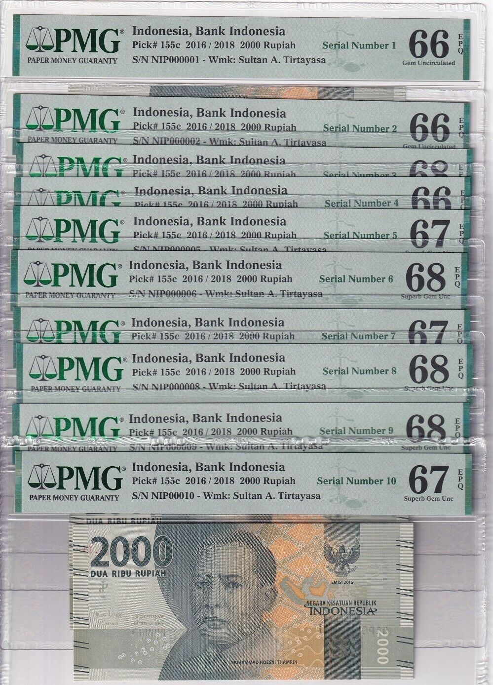 Indonesia Set 10; 2000 R. 2018 P 155 #Low 1 2 3 -10 Superb Gem UNC PMG 66-68 EPQ