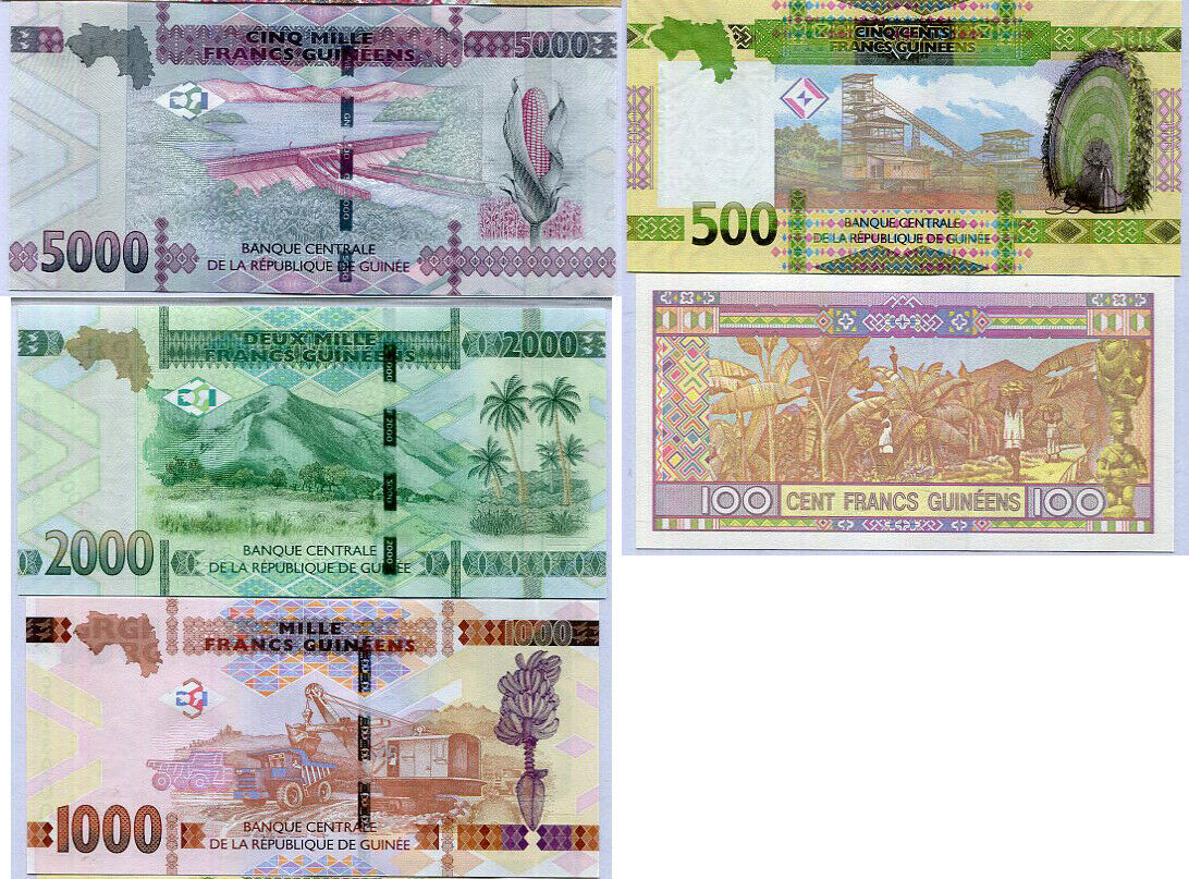 Guinea SET 5 UNC 100 500 1000 2000 5000 Francs 2015 2017 2018 P NEW