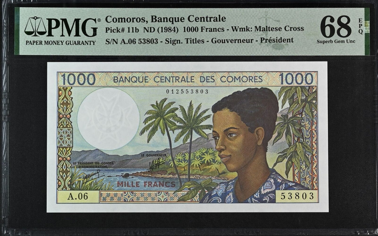 Comoros 1000 Francs ND 1984 P 11 b Superb Gem UNC PMG 68 EPQ