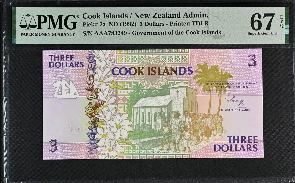 Cook Islands 3 Dollars ND 1992 P 7 a Prefix AAA Superb Gem UNC PMG 67 EPQ