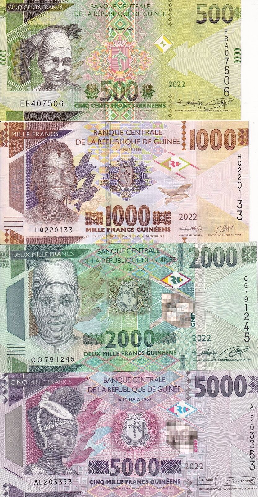 Guinea Set 4 PCS 500 1000 2000 5000 Francs 2022 P 48 48A 49 52 UNC