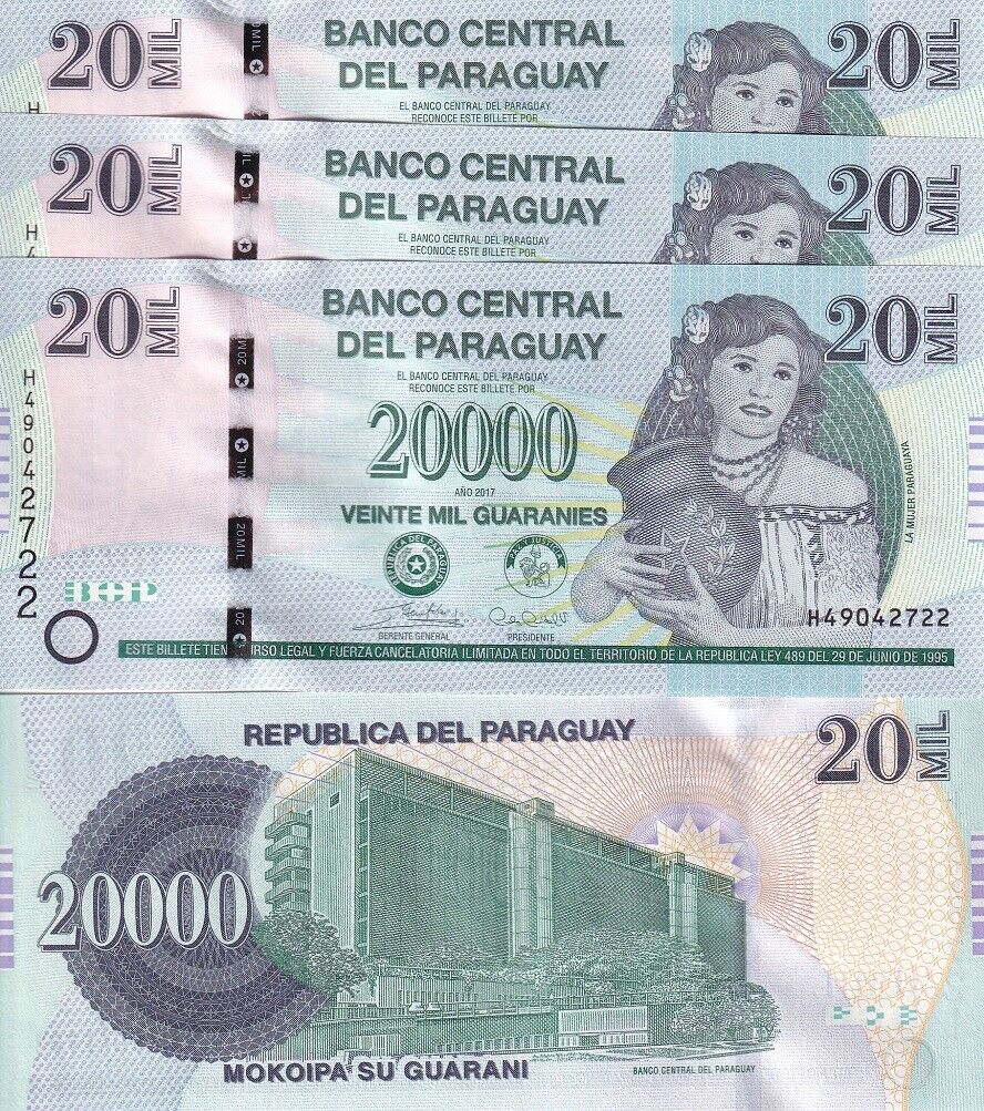 Paraguay 20000 Guaranies 2017 P 238 c UNC LOT 3 PCS
