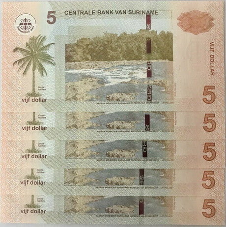 Suriname 5 Dollars 2010 P 162 UNC LOT 5 PCS