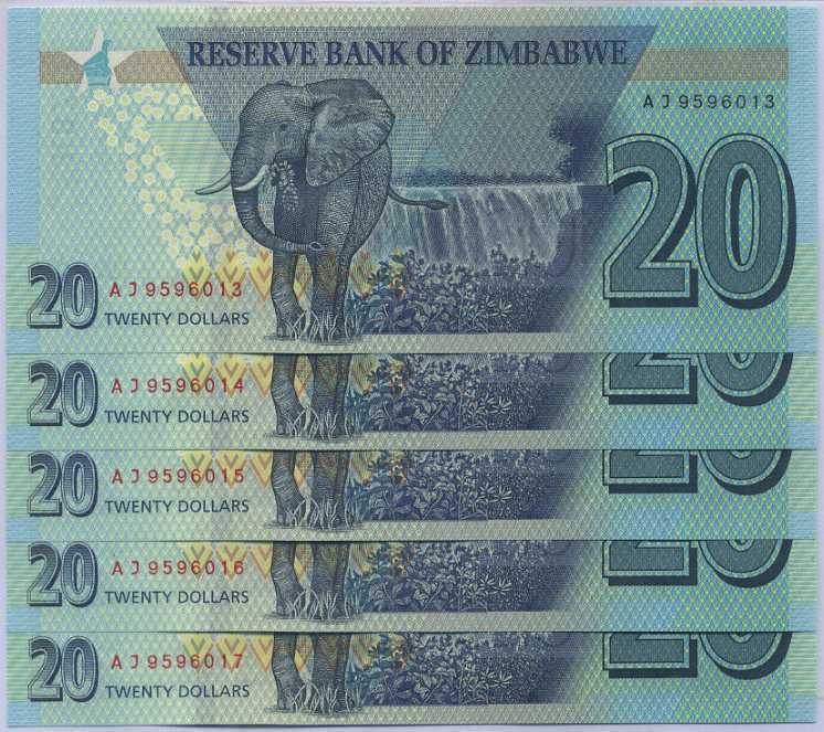 Zimbabwe 20 Dollars 2020 P 104 UNC LOT 5 PCS