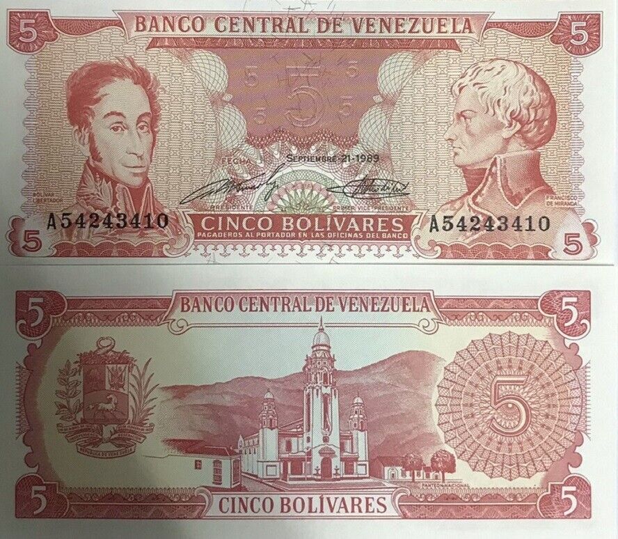 Venezuela 5 Bolivares A Prefix 1989 P 70 UNC