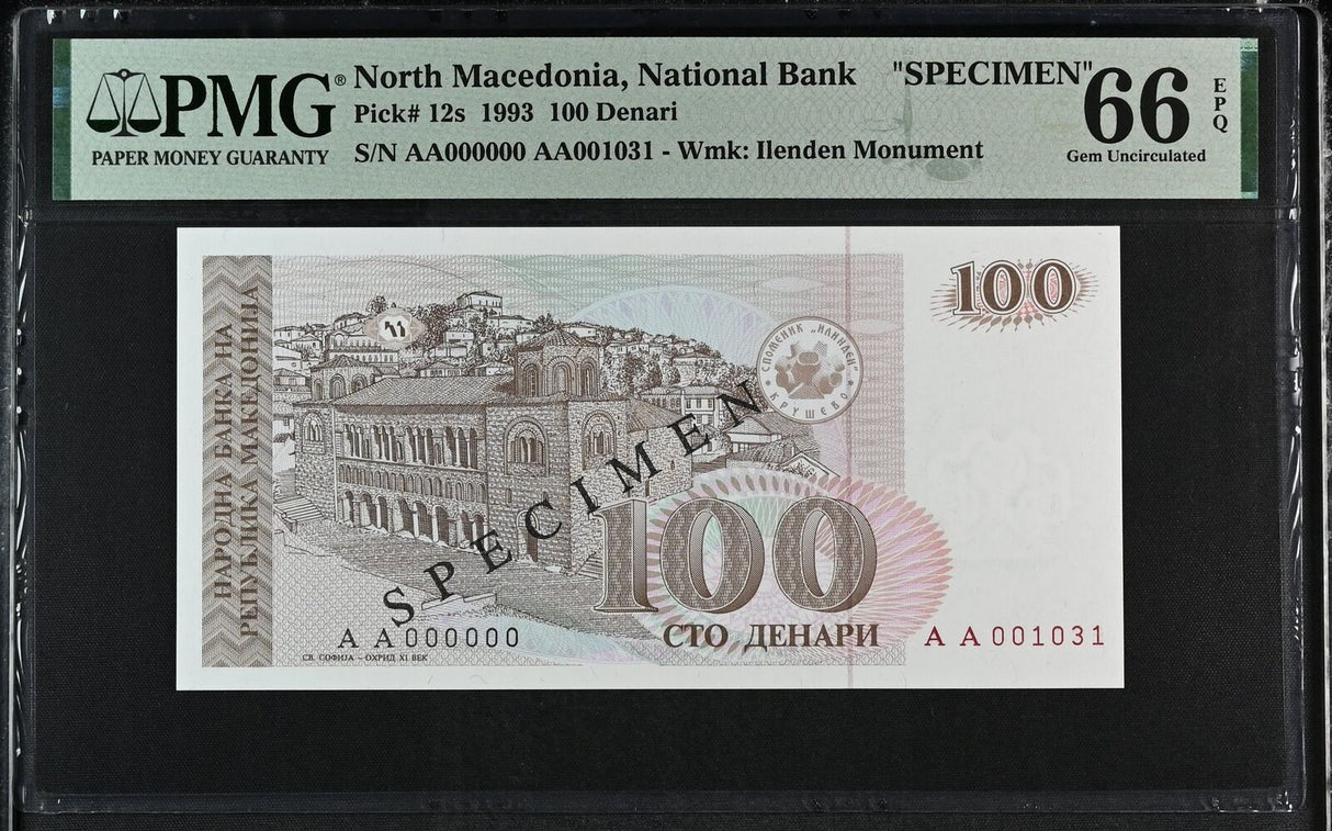 Macedonia 100 Denari 1993 P 12 s SPECIMEN Gem UNC PMG 66 EPQ