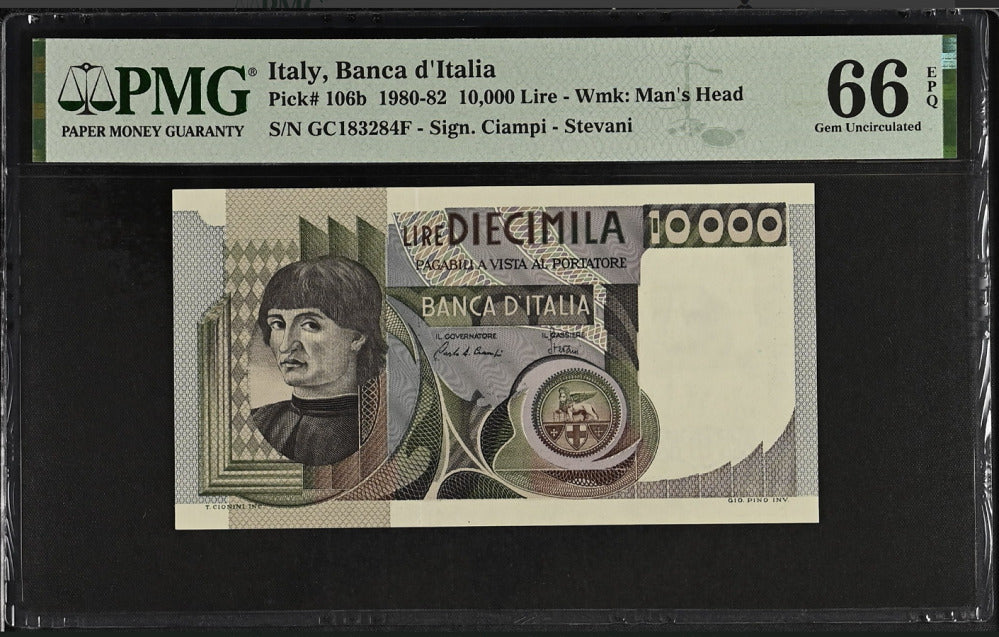 Italy 10000 Lire 1982 P 106 b Gem UNC PMG 66 EPQ