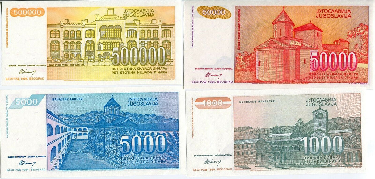 YUGOSLAVIA SET 4 PCS 1000 5000 50,000 500,000 DINARA 1994 P 140 141 142 143 UNC