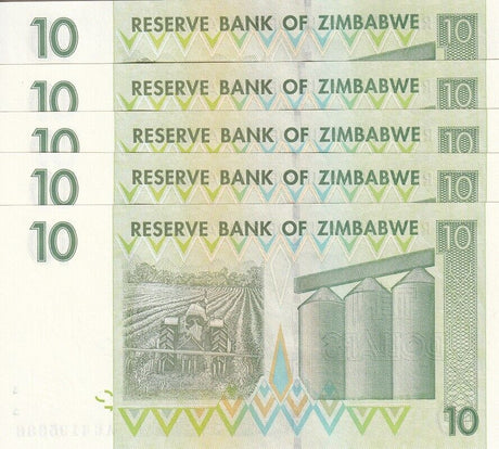 Zimbabwe 10 Dollars 2007 P 67 UNC LOT 5 PCS