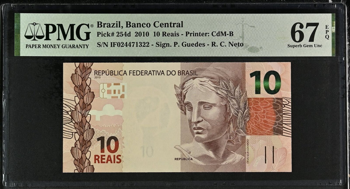Brazil 10 Reais 2010 P 254 d Superb Gem UNC PMG 67 EPQ TOP POP