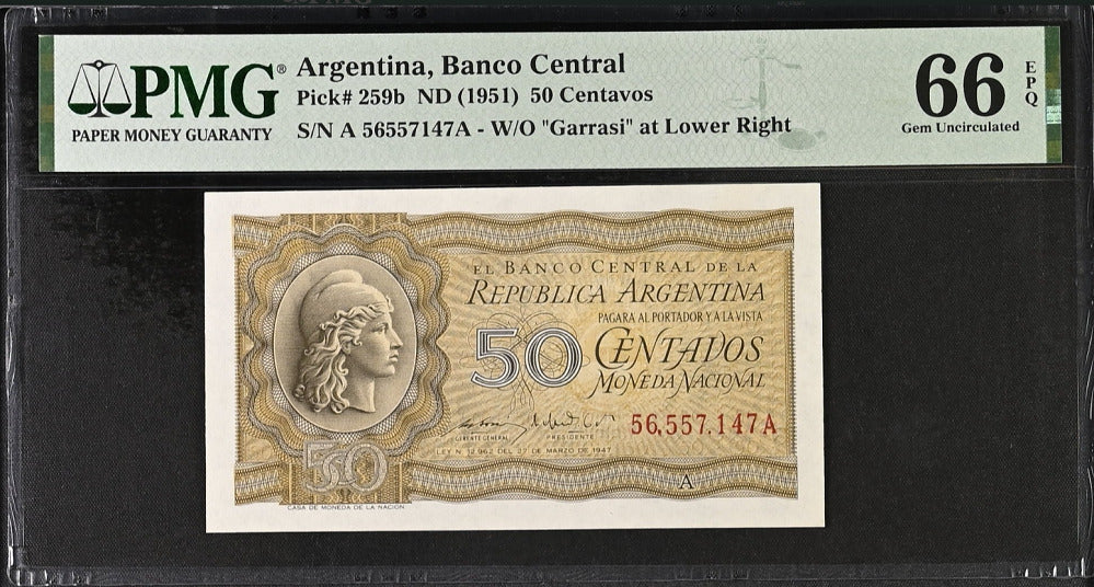 Argentina 50 Centavos ND 1951 P 259 b Gem UNC PMG 66 EPQ