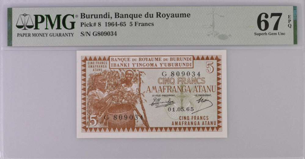 Burundi 5 Francs 1965 P 8 Superb Gem UNC PMG 67 EPQ