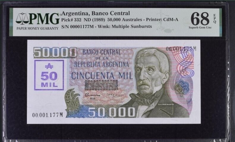 Argentina 50000 Pesos ND 1989 P 332 Superb Gem UNC PMG 68 EPQ Top Pop