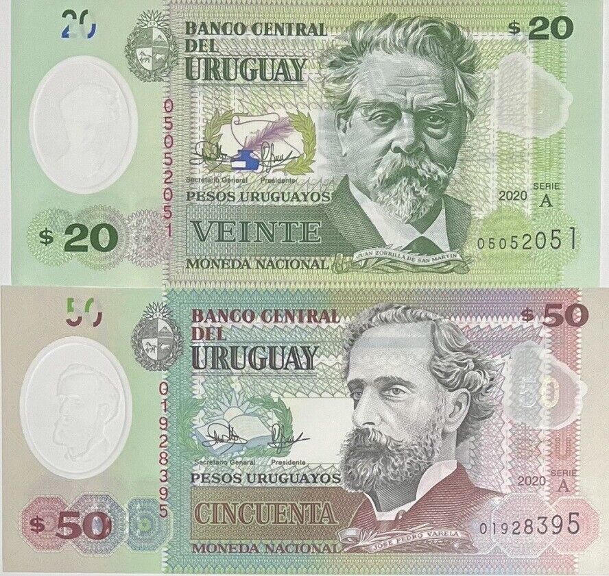 Uruguay SET 2 PCS 20 50 Pesos 2020 P 101 P 102 Polymer UNC