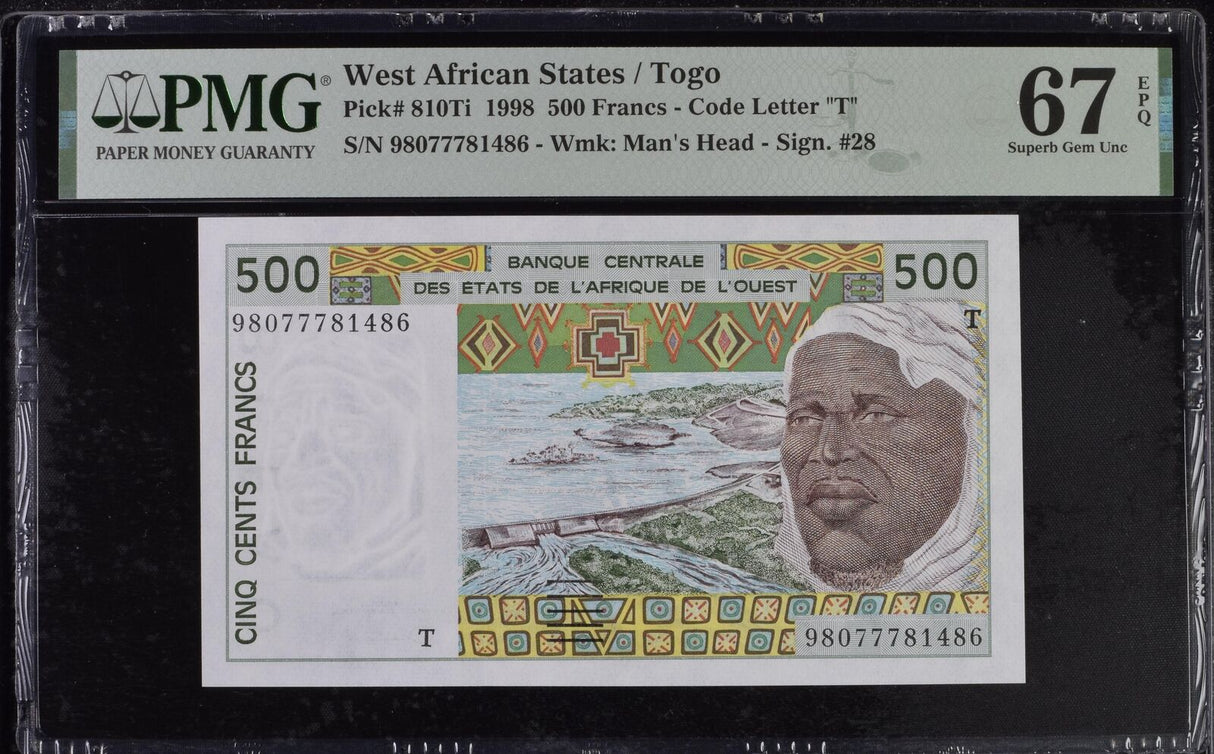 West African States Togo 500 FRANCS 1998 P 810Ti Superb GEM UNC PMG 67 EPQ TOP