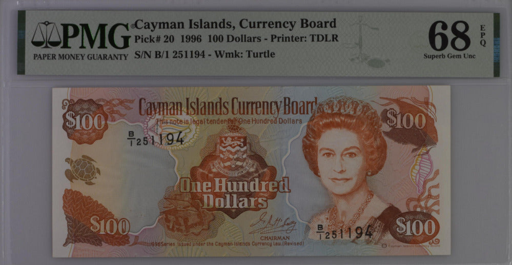 Cayman Islands 100 Dollars 1996 P 20 QE II Superb Gem UNC PMG 68 EPQ Top Pop