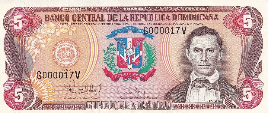 Dominican Republic 5 Pesos 1997 Low serial # 2 Digit P 152 b UNC