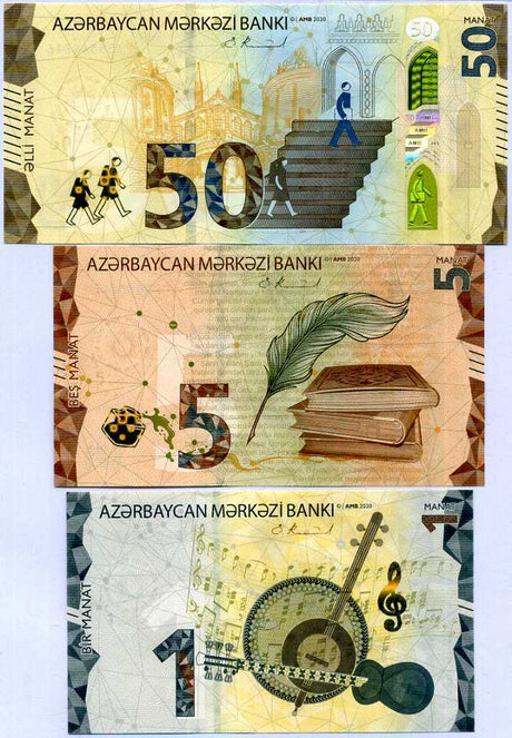 Azerbaijan Set 3 Pcs 1 5 50 Manat ND 2020 P 38 39 40 UNC