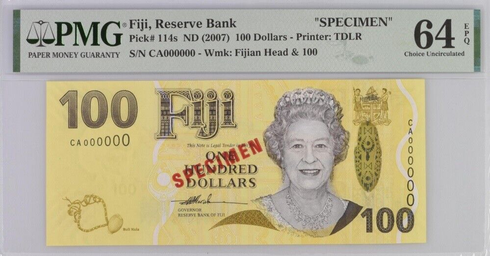 Fiji 100 Dollars ND 2007 P 114 s Specimen Choice UNC PMG 64 EPQ