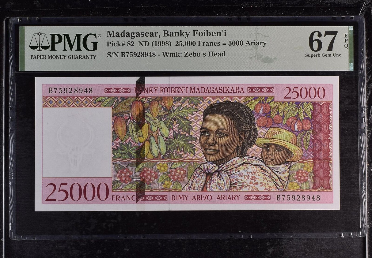 Madagascar 25000 Francs 5000 Ariary 1998 P 82 Superb GEM UNC PMG 67 EPQ