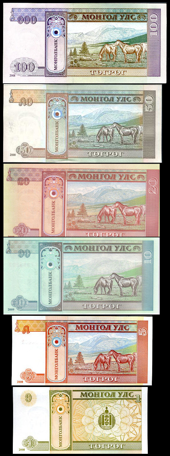 MONGOLIA 10 SETS OF 6 PCS 1 5 10 20 50 100 2000-2009 UNC