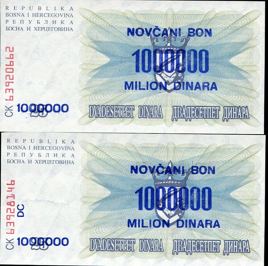 Bosnia & Herzegovina SET 2 UNC 1 Million ON 25 Dinara 1992 (1993) P 35a 35b