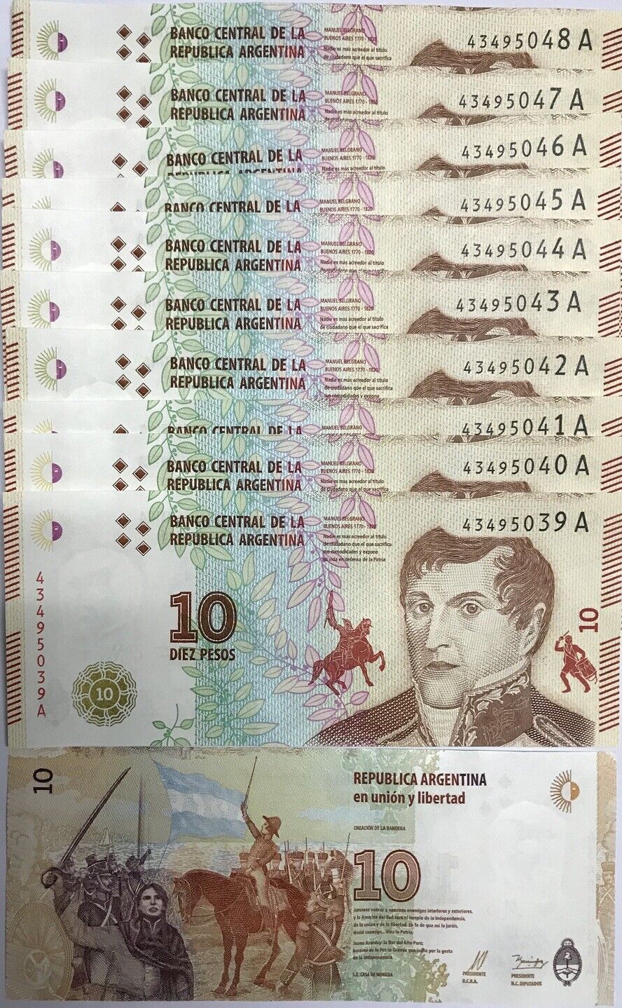 Argentina 10 Pesos 2015 / 2016 P 360 SERIES A UNC LOT 10 PCS
