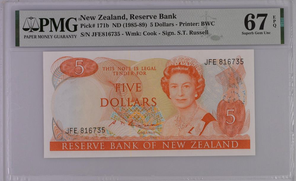 New Zealand 5 Dollars ND 1985-89 P 171 b Superb GEM UNC PMG 67 EPQ